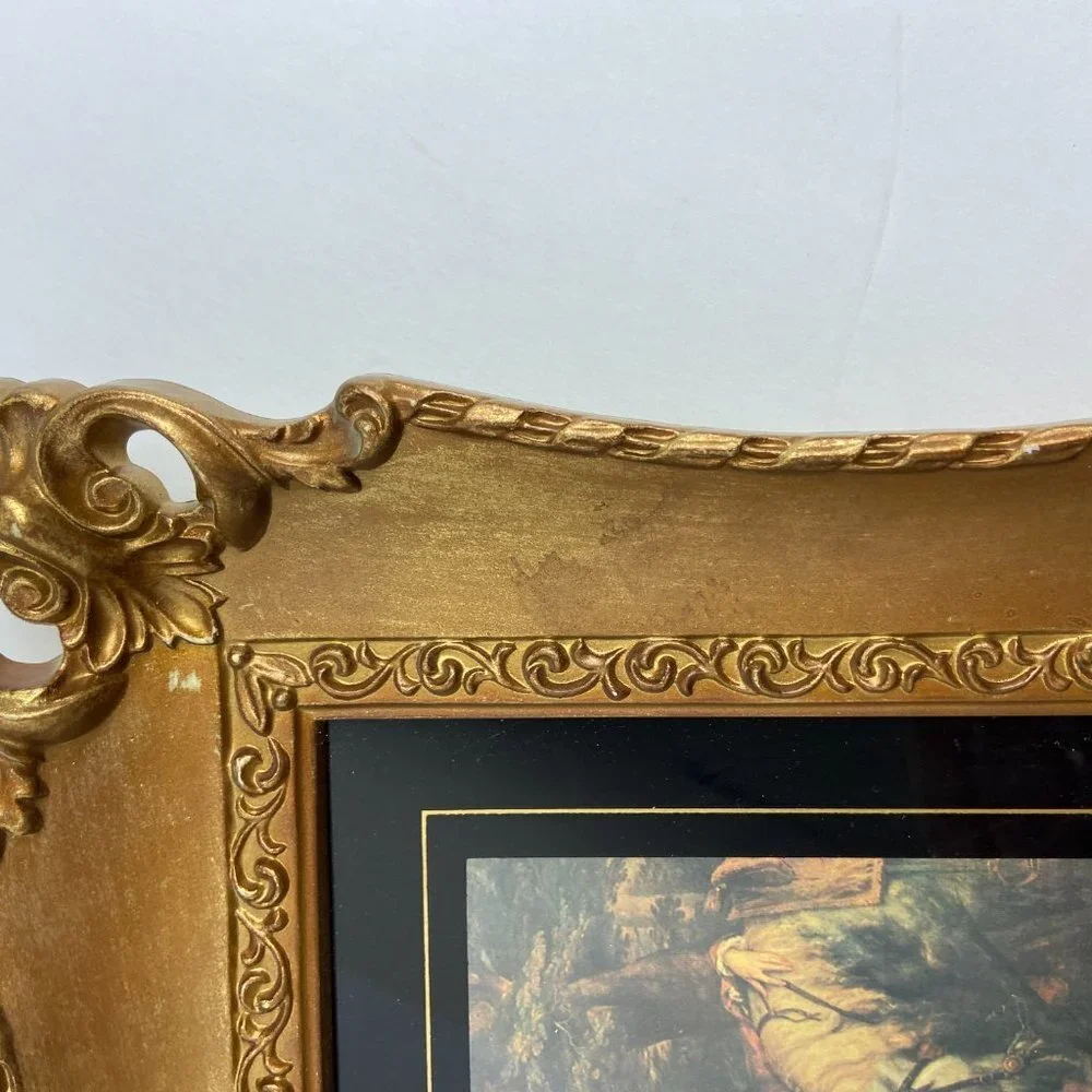 Vintage Painting reproduction Victorian era Men Horse Framed Gold Patina
